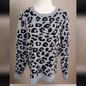 Cashmere C by Bloomingdale's Women's Gray Black Leopard  Cashmere Sweater Large